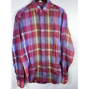 J McLaughlin Mens Plaid Linen Long Sleeve Button Down Shirt Size M